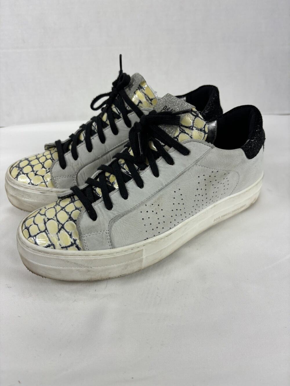 P448 John Sneakers Light Grey Black Glitter Reptile Print Embossed Toe Tongue 40